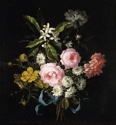 Bouquet of Chamomile, Roses, Orange Blossom and Carnations Tied with a Blue Ribbon