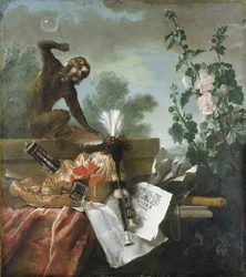 An Allegory of Air: A Musical Still Life with a Monkey Blowing Bubbles, a Musette, a Flute and Musical Scores