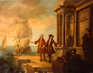 European Merchants with Stevedores Handling a Barrel and a Bale on a Quay