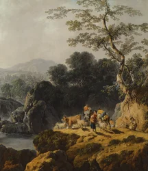 A River Valley Landscape with Herdsmen and Travellers