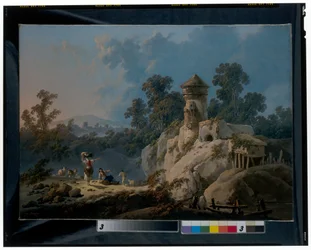 An Extensive Landscape with Herdsman Resting with Their Flocks Below a Tower