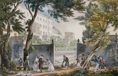 A villa: meeting scene of the nobility - engraving by John the Baptist (Jean-Baptiste) Thomas, circa 1820