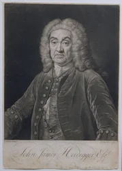 Portrait of John James Heidegger (1666-1749), Swiss impresario in London, engraved by John Faber (1684-1756), 1749