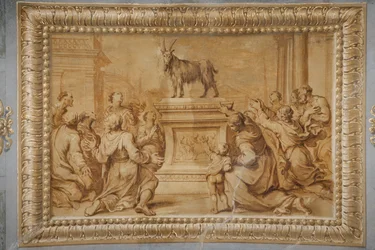 Faux gilded relief, with the goat placed on the historiated altar and surrounded by characters in adoration