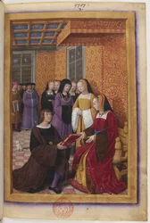 Dedication Miniature of the Voyage to Genoa: Jean Marot Presents His Work to Anne of Brittany