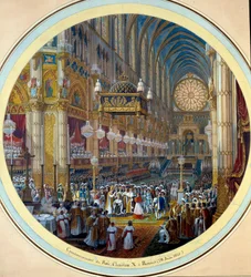 The coronation of Charles X (1757-1836) in Reims Cathedral on 28/05/1825. Watercolor painting for a guéridon project by Jean-Charles Develly (1783-1862), 1825. Diam. 0,37m. Sèvres. Porcelain Manufacture