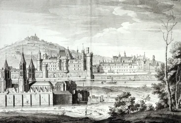 View of the Abbey of Saint-Germain-des-Pres, the Louvre, Petit Bourbon, Montmartre and the Seine in 1410, engraved by Antoine Herisset