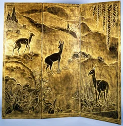 A Three-Fold Lacquer Screen, Depicting Deer in a Landscape of Hills