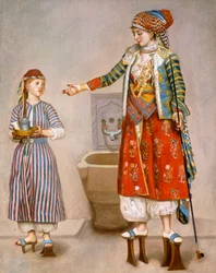 A Woman in Turkish Costume in a Hamam Instructing her Servant
