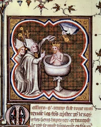 Baptism of Clovis by Saint Remy at Reims in 496: the Holy Spirit brings the holy bulb containing the holy chrism used for the anointing of kings. Miniature in Grandes Chroniques de France by Jean Fouquet