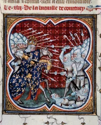 Battle of Kortrijk between Philip IV the Bel and the Flemish so-called Battle of Golden Spurs 11/07/1302 Miniature taken from Les grandes chronicles de France by Jean Fouquet 15th century. Paris, B.N.