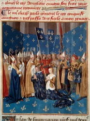 Coronation of Louis VIII (1187-1226) and Blanche of Castile (1188-1252) in Reims in 1224. Miniature from the manuscript "Grandes Chroniques de France" by Jean Fouquet (1420-1481), 15th century. Paris, B.N.