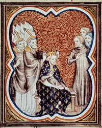The horn of King Louis VI called the Fat (1081-1137). Miniature taken from Les grandes chroniques de France by Jean Fouquet (1420-1481)