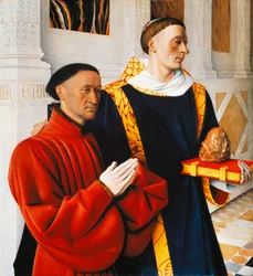 Left hand panel of the Melun Diptych: Etienne Chevalier with his patron saint St Stephen