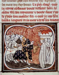 Queen Constance of Arles surrenders to her son Henry I King of France. Miniature from Les Grandes Chroniques de France by Jean Fouquet, Paris, BN