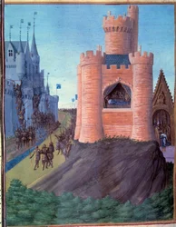Siege of Avignon (1226). Death of Louis VIII. Coronation of Saint Louis (Louis IX). Miniature in Grandes Chronicles de France by Jean Fouquet