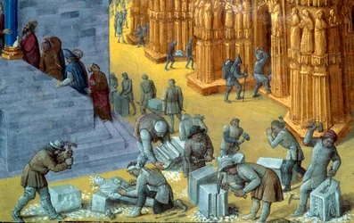 The construction of the Jerusalem Temple by King Solomon. Detail depicting the stonecutters. Miniature from the manuscript 