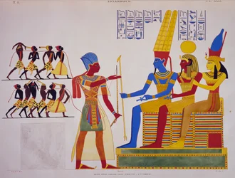 Ramesses II before Triad, fresco from east wall of great hall of Abu Simbel