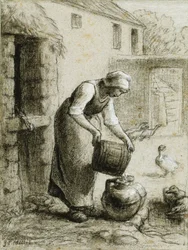 Woman Pouring Water into Milk Cans