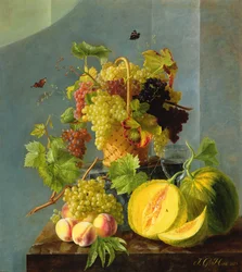 Still Life with Basket of Grapes & Melons