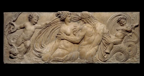 Nymph and little genie rides on a marine horse; Nymph and Triton surrounded by two small genies. Low relief. Stone sculpture