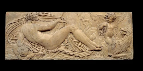 Nymph and little genie rides on a marine horse; Nymph and Triton surrounded by two small genies. Low relief. Stone sculpture