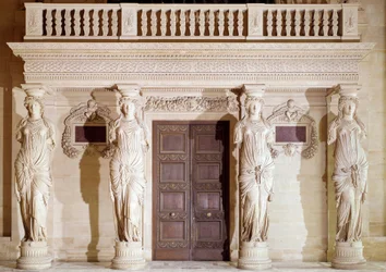 Renaissance architecture: the balcony of the Caryatids. Stone sculpture by Jean Goujon (1510-1567), 16th century, Paris, Louvre Museum