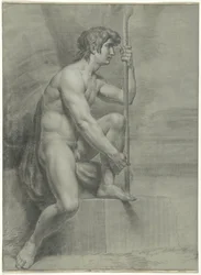 Seated Male Nude with Staff and Raised Left Leg
