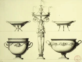 Design for a Candelabrum in the Form of a Woman, Two Silver Cups and Two Silver Dishes
