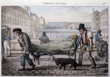 Former street metier in Paris: the poor patient leads to the hospital by the stretchers. Engraving by Jean Henry Marlet in 