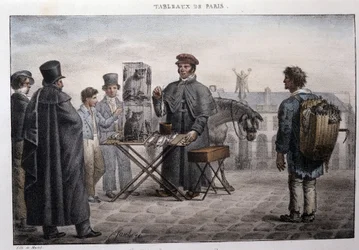 Former street metier in Paris: the rat death merchant (camelot). Engraving by Jean Henry Marlet (1771-1847) in 