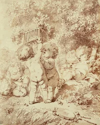 Six Putti at Play, Two Holding Up a Cage