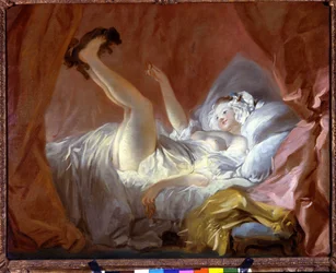 The Gimblette. The gimblette is a pastry in the shape of rings. The girl plays lying on her bed with a dog by handing it this cookie. Painting by Jean Honoré Fragonard (1732-1806), Paris, Fonds Cailleux