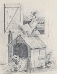 Dog in doghouse, cock singing at window, ca. 1842.