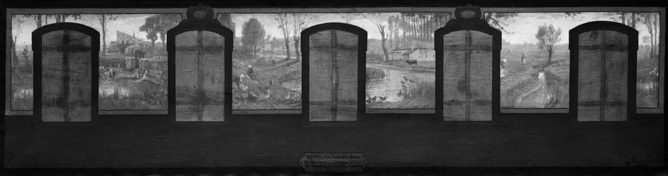 Sketch for Fresnes town hall: The banks of the Bièvre. Fresnes. On the banks of the Bièvre. The laundresses. Flour sorters. The tenant farms. The beet harvest