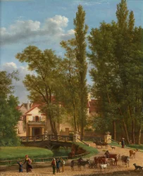 Villagers and Animals in a Landscape Beside a Bridge at the Entrance of a Village