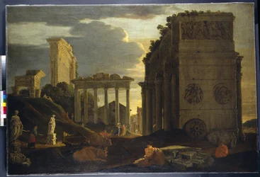 Capriccio view with figures by a triumphal arch and the Temples of Saturn and Jupiter Tonans