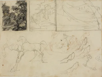 Sheet of Sketches: Three Landscapes, Horses, and Hooves