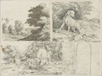 Sketches of a Wooded Site, Dogs and Pheasants in Landscape