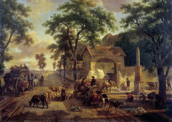 A Landscape Road with Cart of Peasants, Herds, and Shepherds