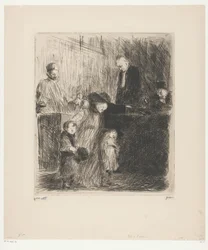 Woman with Two Young Children Possibly Leaving a Courtroom