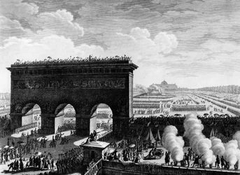 French Revolution: Feast of the Federation on 14 July 1790 at the Champs de Mars in Paris. Engraving by Berthaut after Prior. Paris, Library of the Institute of History of Revolution