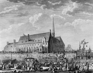 French Revolution: King Louis XVI arriving with his family (Marie Antoinette, the dolphin Louis Charles of France or Louis XVII and Marie Therese known as 