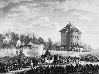 French Revolution: Return of the Royal Family after the arrest in Varennes on 20 and 21 June 1791. Engraving after a drawing by Prior