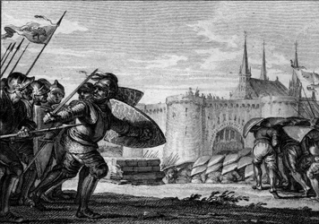 Viking army attacking Saint Germain des Pres and his abbey (engraving)