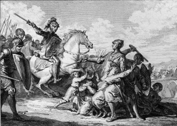 Assassination of the sons of Thierry II of Burgundy in 613, in the presence of Clotaire II (engraving by Jean Michel Moreau)