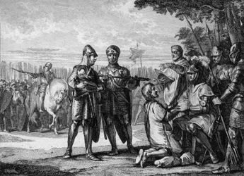 Battle of Tertry, 687: Pepin the Younger recognizes the authority of King Thierry III of Neustria (engraving by Jean Michel Moreau)