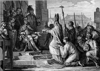 Charlemagne (747-814), king of the Franks, receiving the iron crown of Lombardy from the hands of the bishop of Milan, 774. Engraving by Jean Michel Moreau, dit Moreau le Jeune (1741-1814)