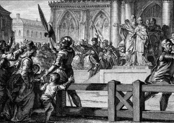 Charlemagne presents to the people his successor, his son Louis of Aquitaine. Aix la Chapelle, 813. Engraving by Jean Michel Moreau, dit Moreau le Jeune