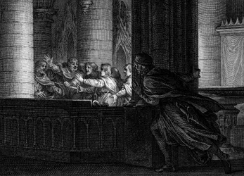 Conspiracy against Charlemagne, 792: a lord surprises the conversation between conspirators planning the murder of the King of the Franks. Among them, Pepin the Bossu, son of Charlemagne. Engraving by Jean Michel Moreau, dit Moreau le Jeune